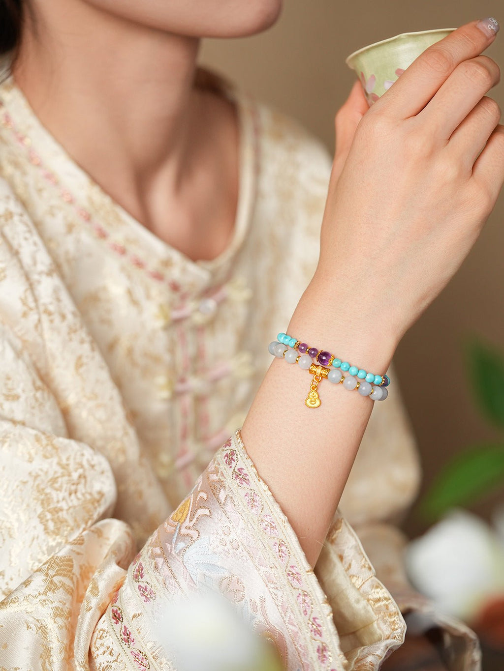 Amethyst Accent Turquoise & Aquamarine Bracelet Set - Lunaire Jewelry