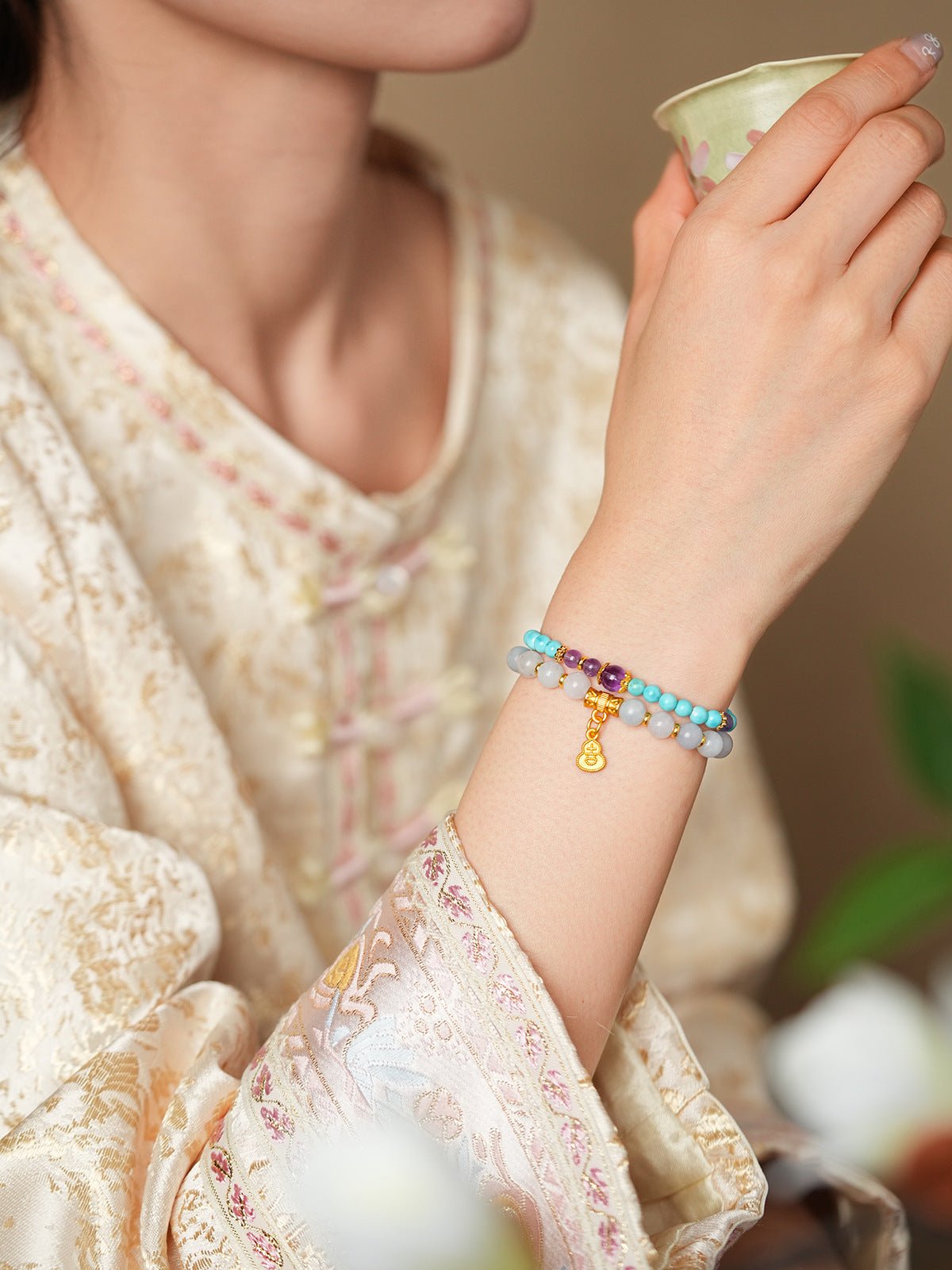 Amethyst Accent Turquoise & Aquamarine Bracelet Set - Lunaire Jewelry