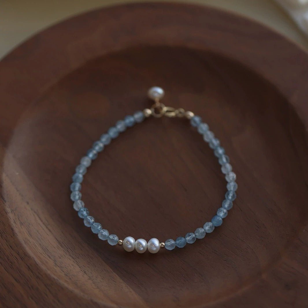 Aquamarine bracelet, natural freshwater pearl and raw crystal bracelet - Lunaire Jewelry