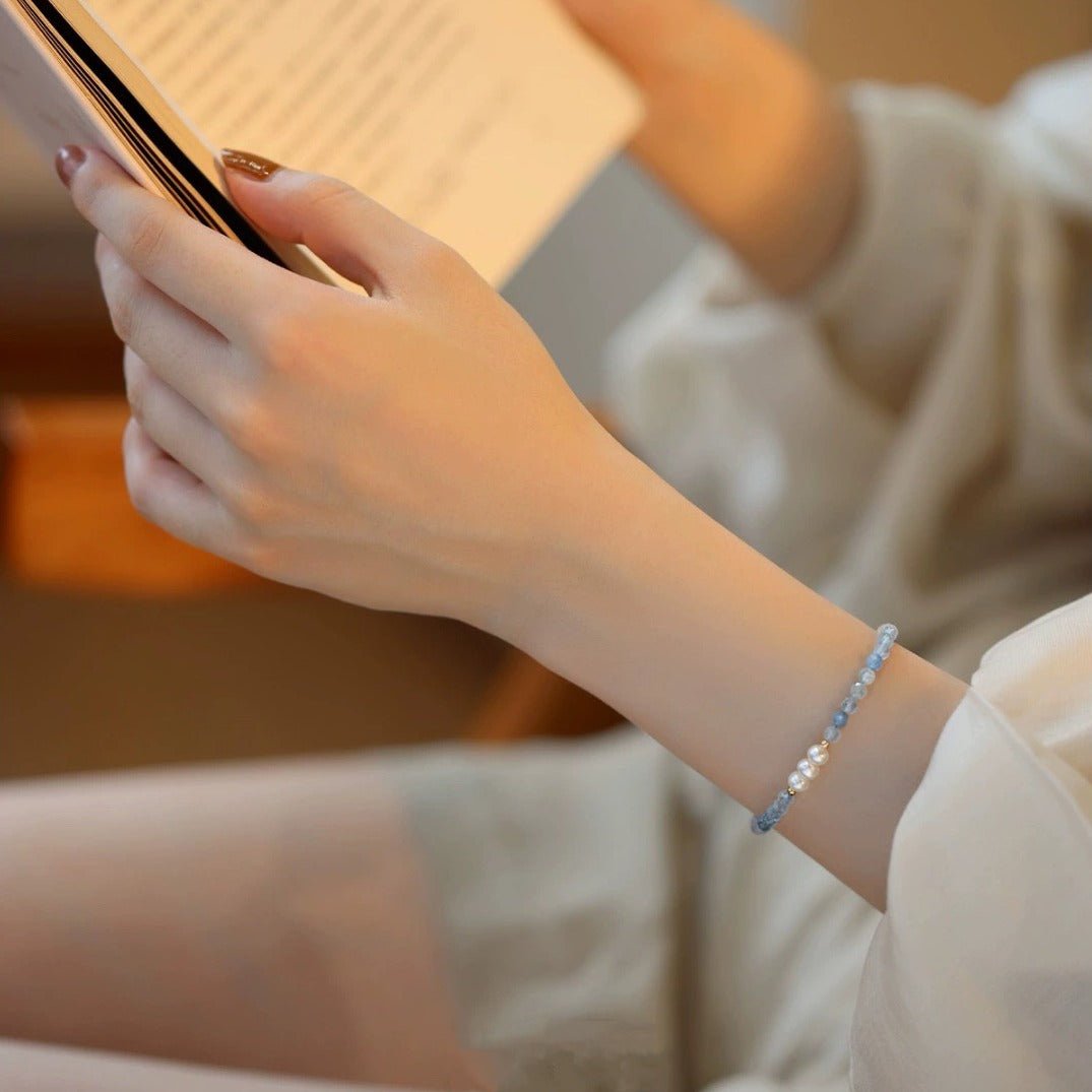 Aquamarine bracelet, natural freshwater pearl and raw crystal bracelet - Lunaire Jewelry