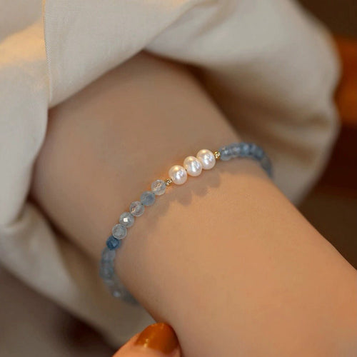 Aquamarine bracelet, natural freshwater pearl and raw crystal bracelet - Lunaire Jewelry