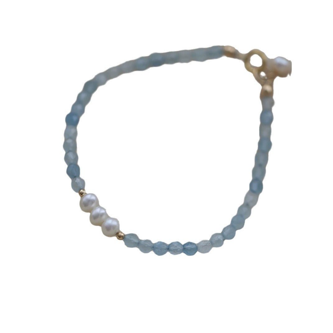 Aquamarine bracelet, natural freshwater pearl and raw crystal bracelet - Lunaire Jewelry