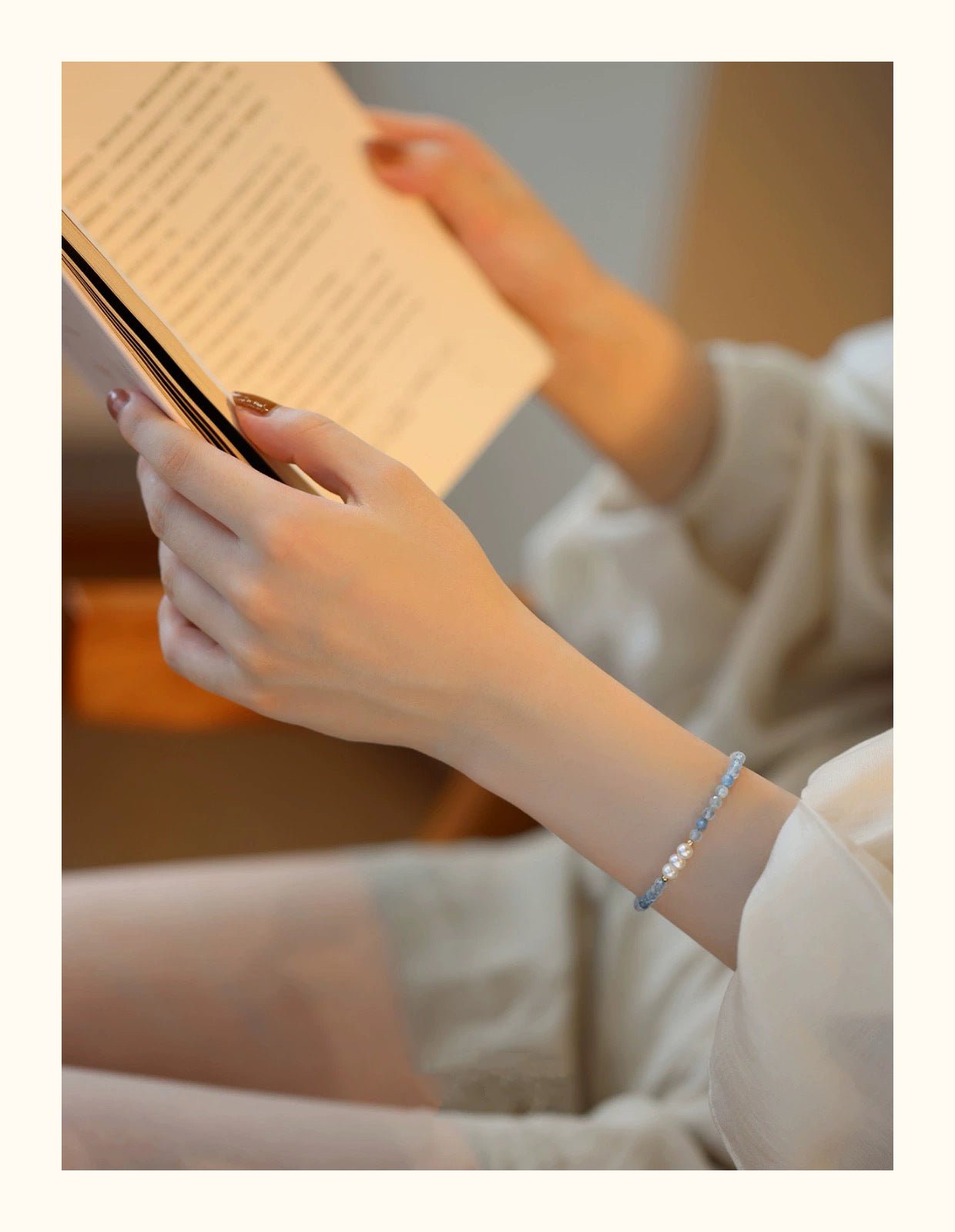 Aquamarine bracelet, natural freshwater pearl and raw crystal bracelet - Lunaire Jewelry