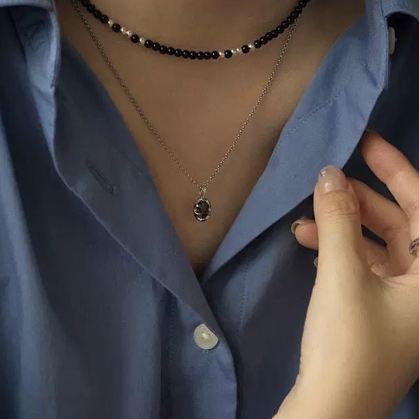 Black agate necklace layered with gold - plated copper collarbone chain - Lunaire Jewelry