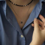 Black agate necklace layered with gold - plated copper collarbone chain - Lunaire Jewelry