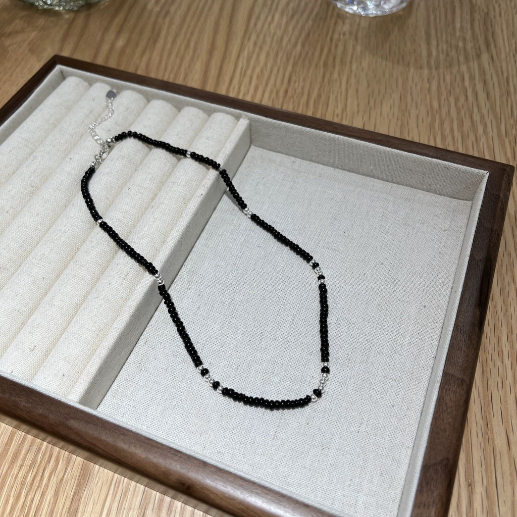 Black agate necklace layered with gold - plated copper collarbone chain - Lunaire Jewelry