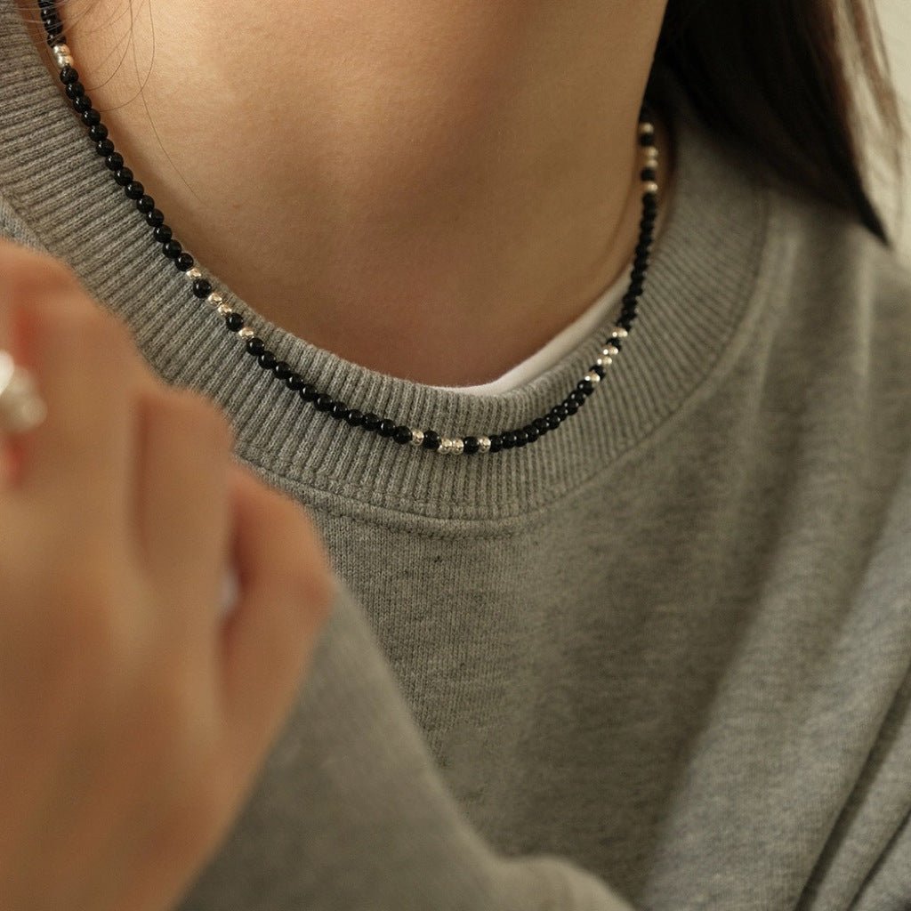 Black agate necklace layered with gold - plated copper collarbone chain - Lunaire Jewelry