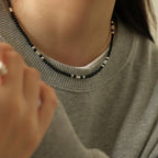 Black agate necklace layered with gold - plated copper collarbone chain - Lunaire Jewelry