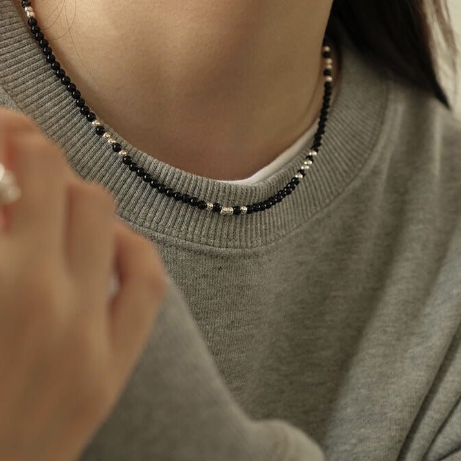 Black agate necklace layered with gold - plated copper collarbone chain - Lunaire Jewelry