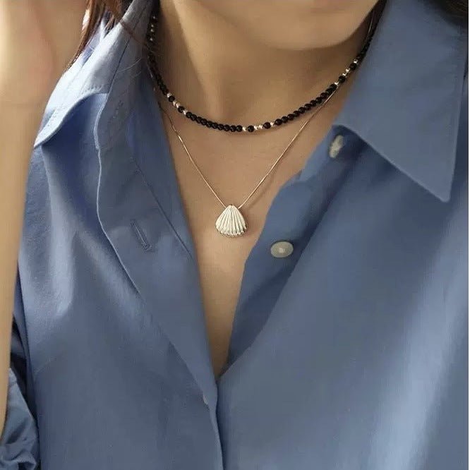 Black agate necklace layered with gold - plated copper collarbone chain - Lunaire Jewelry