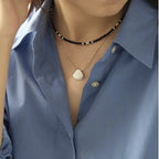 Black agate necklace layered with gold - plated copper collarbone chain - Lunaire Jewelry