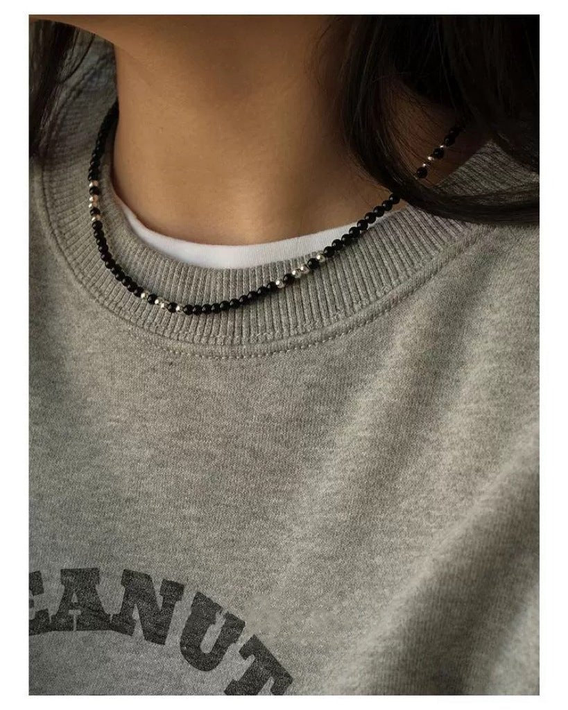 Black agate necklace layered with gold - plated copper collarbone chain - Lunaire Jewelry