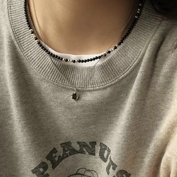 Black agate necklace layered with gold - plated copper collarbone chain - Lunaire Jewelry