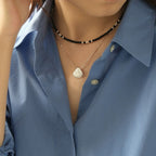 Black agate necklace layered with gold - plated copper collarbone chain - Lunaire Jewelry