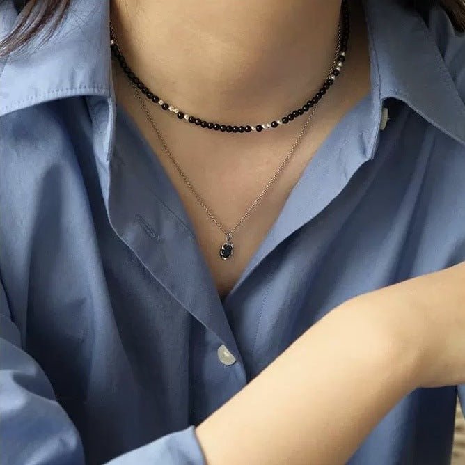Black agate necklace layered with gold - plated copper collarbone chain - Lunaire Jewelry