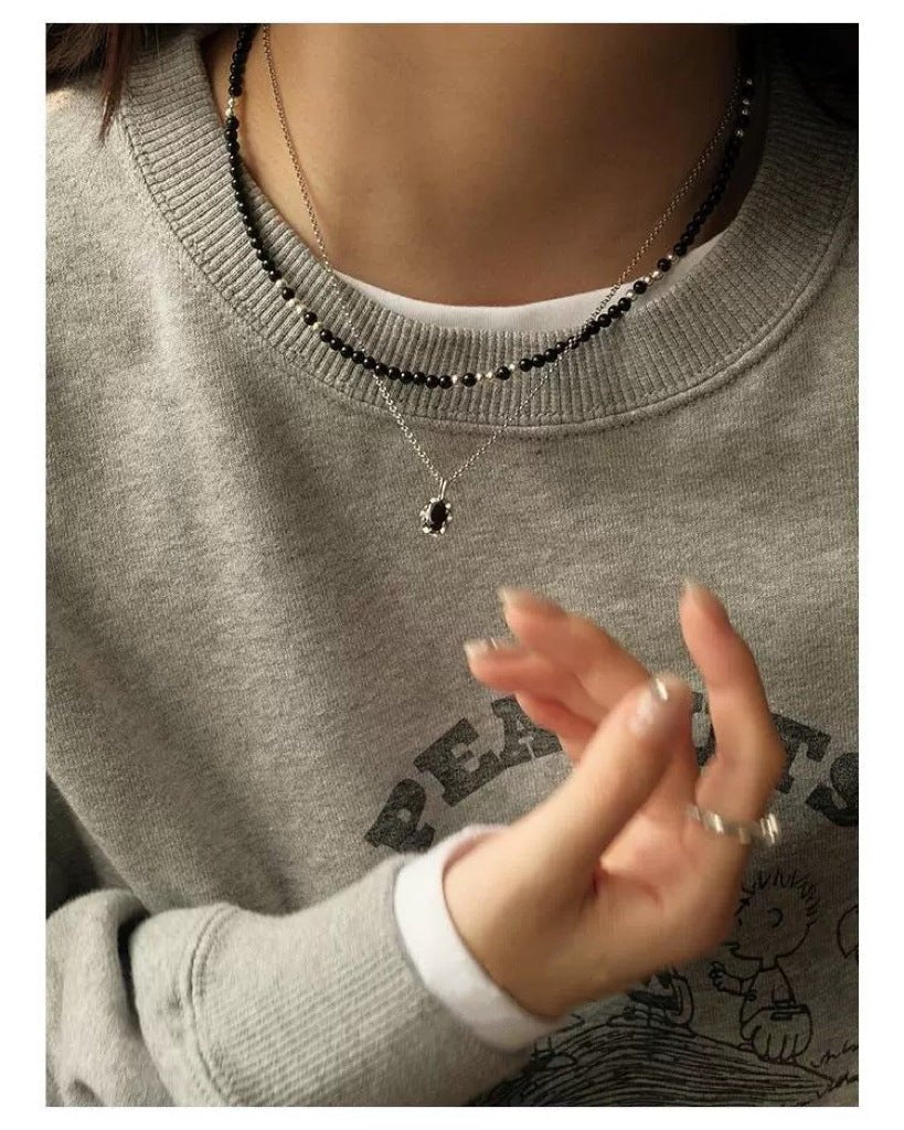 Black agate necklace layered with gold - plated copper collarbone chain - Lunaire Jewelry