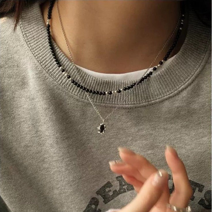 Black agate necklace layered with gold - plated copper collarbone chain - Lunaire Jewelry