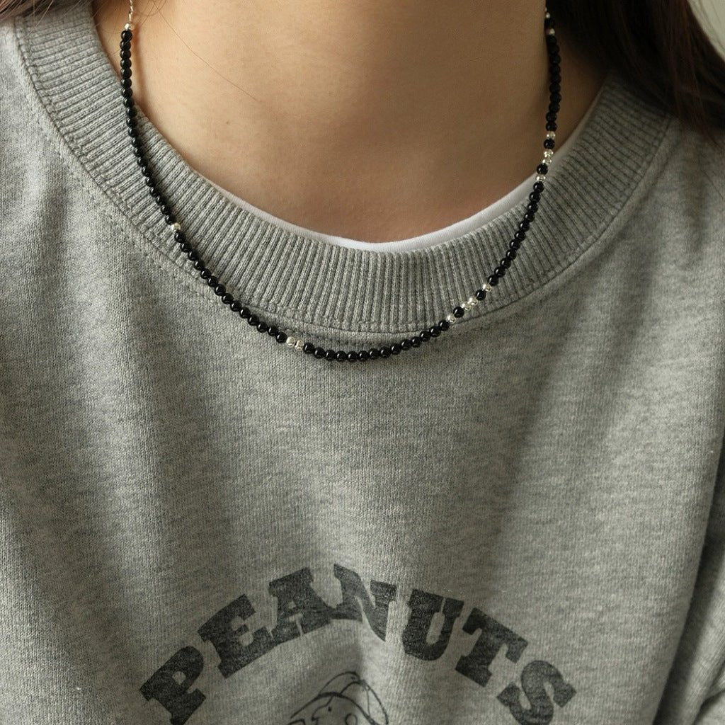 Black agate necklace layered with gold - plated copper collarbone chain - Lunaire Jewelry