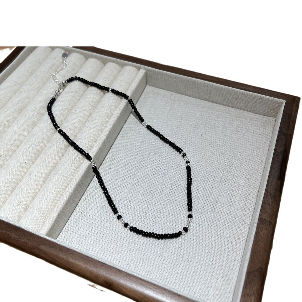 Black agate necklace layered with gold - plated copper collarbone chain - Lunaire Jewelry