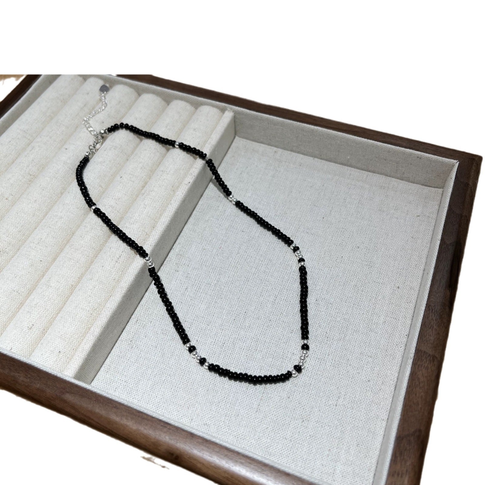 Black agate necklace layered with gold - plated copper collarbone chain - Lunaire Jewelry