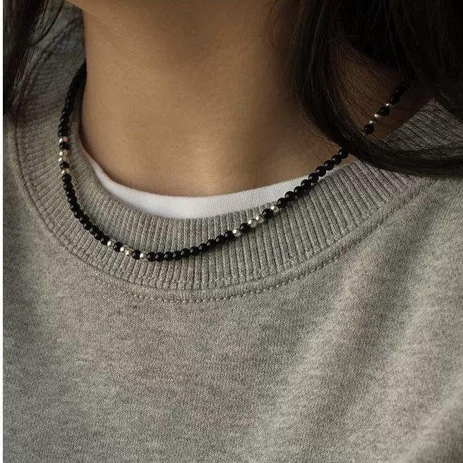 Black agate necklace layered with gold - plated copper collarbone chain - Lunaire Jewelry