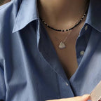 Black agate necklace layered with gold - plated copper collarbone chain - Lunaire Jewelry