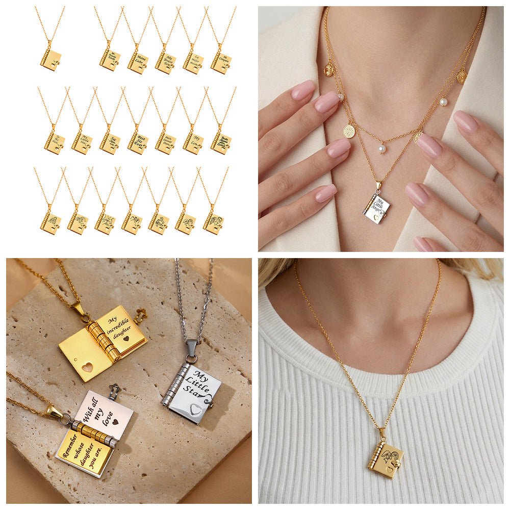 Book engraving series pendant collarbone chain plated with 18k gold - Lunaire Jewelry