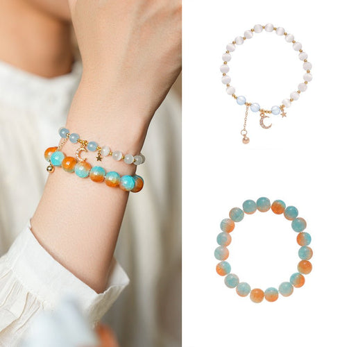 Celestial Moon & Star Zircon & Glass Bead Bracelet Set - Lunaire Jewelry