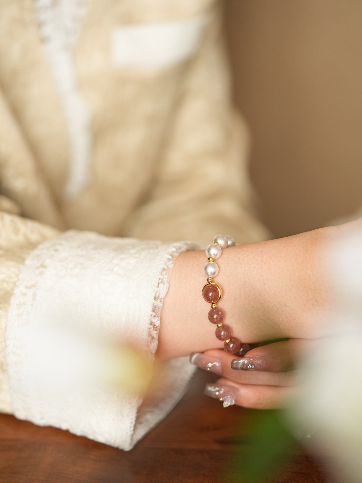 Centerpiece Strawberry Crystal & Pearl Bracelet - Lunaire Jewelry