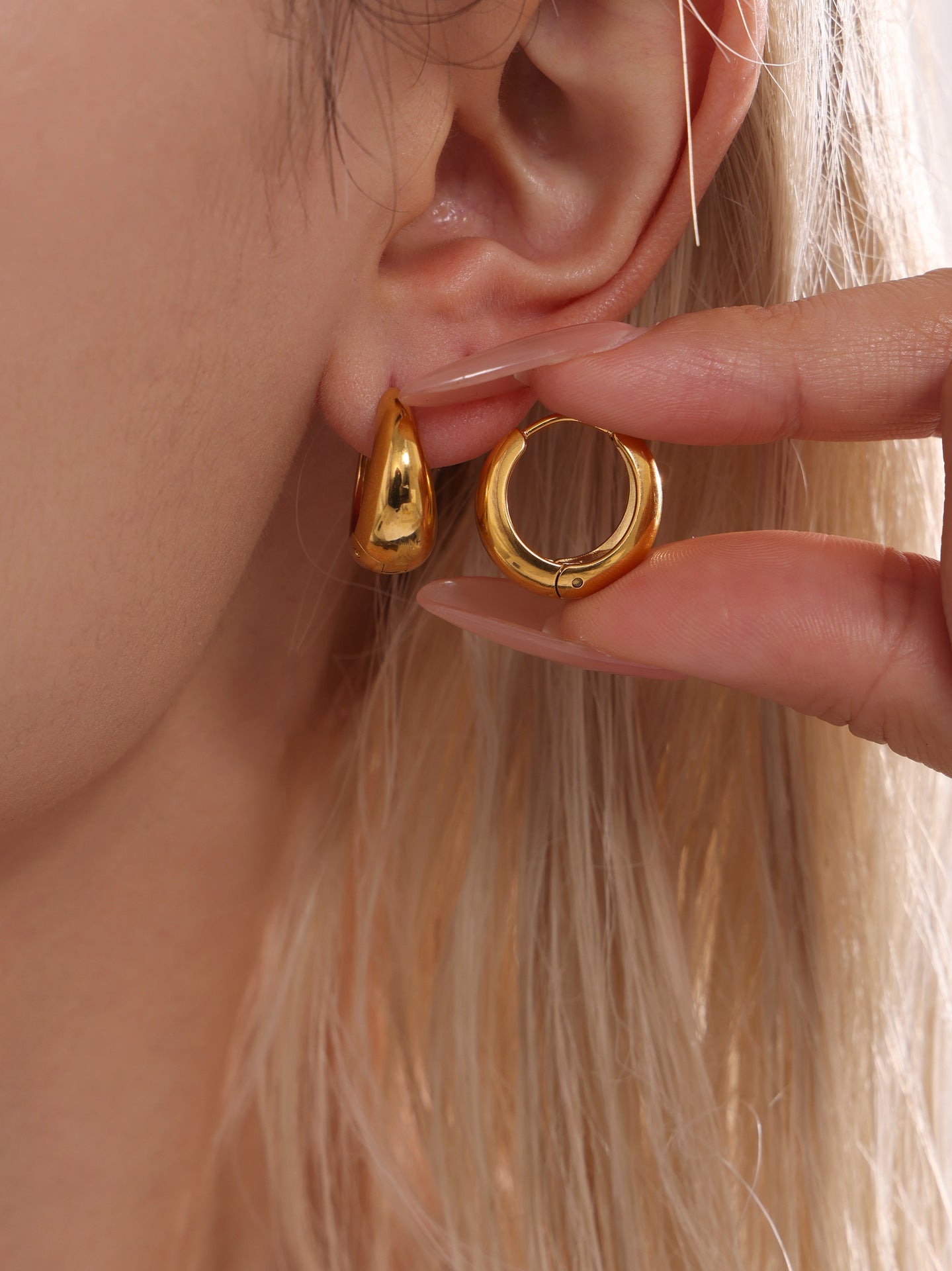 Circle earrings, small ear clasps, stainless steel high - polish earrings - Lunaire Jewelry