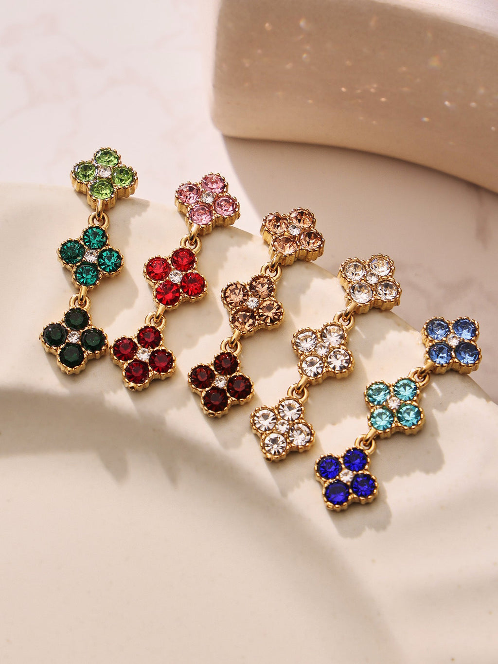 Dopamine Sparkling Four - Petal Flower Zirconia Bracelet, Earrings, Ring, Necklace - Lunaire Jewelry