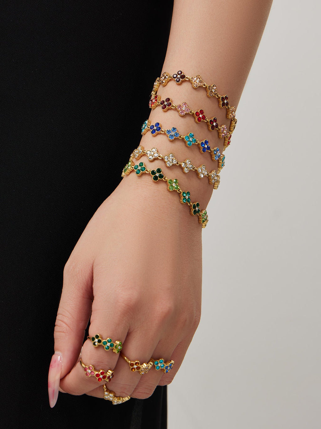 Dopamine Sparkling Four - Petal Flower Zirconia Bracelet, Earrings, Ring, Necklace - Lunaire Jewelry