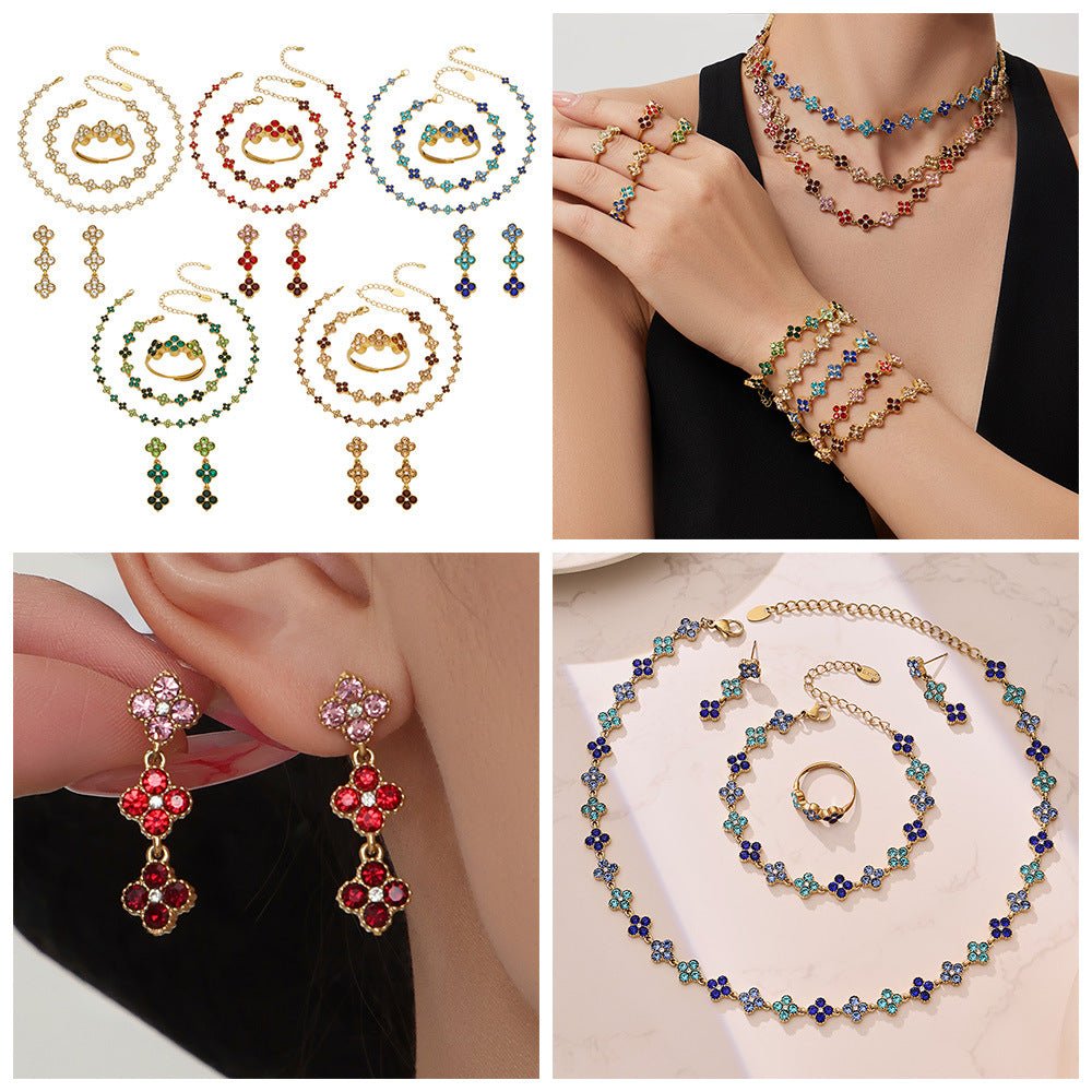 Dopamine Sparkling Four - Petal Flower Zirconia Bracelet, Earrings, Ring, Necklace - Lunaire Jewelry