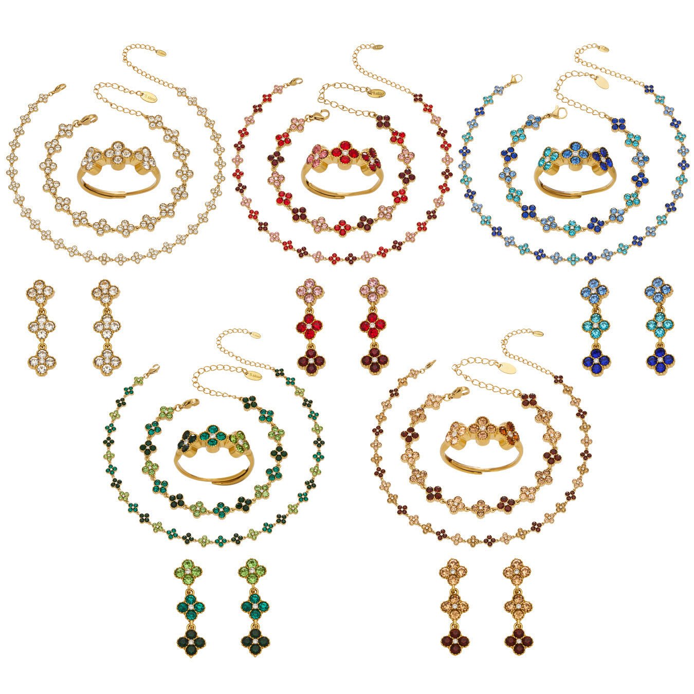 Dopamine Sparkling Four - Petal Flower Zirconia Bracelet, Earrings, Ring, Necklace - Lunaire Jewelry