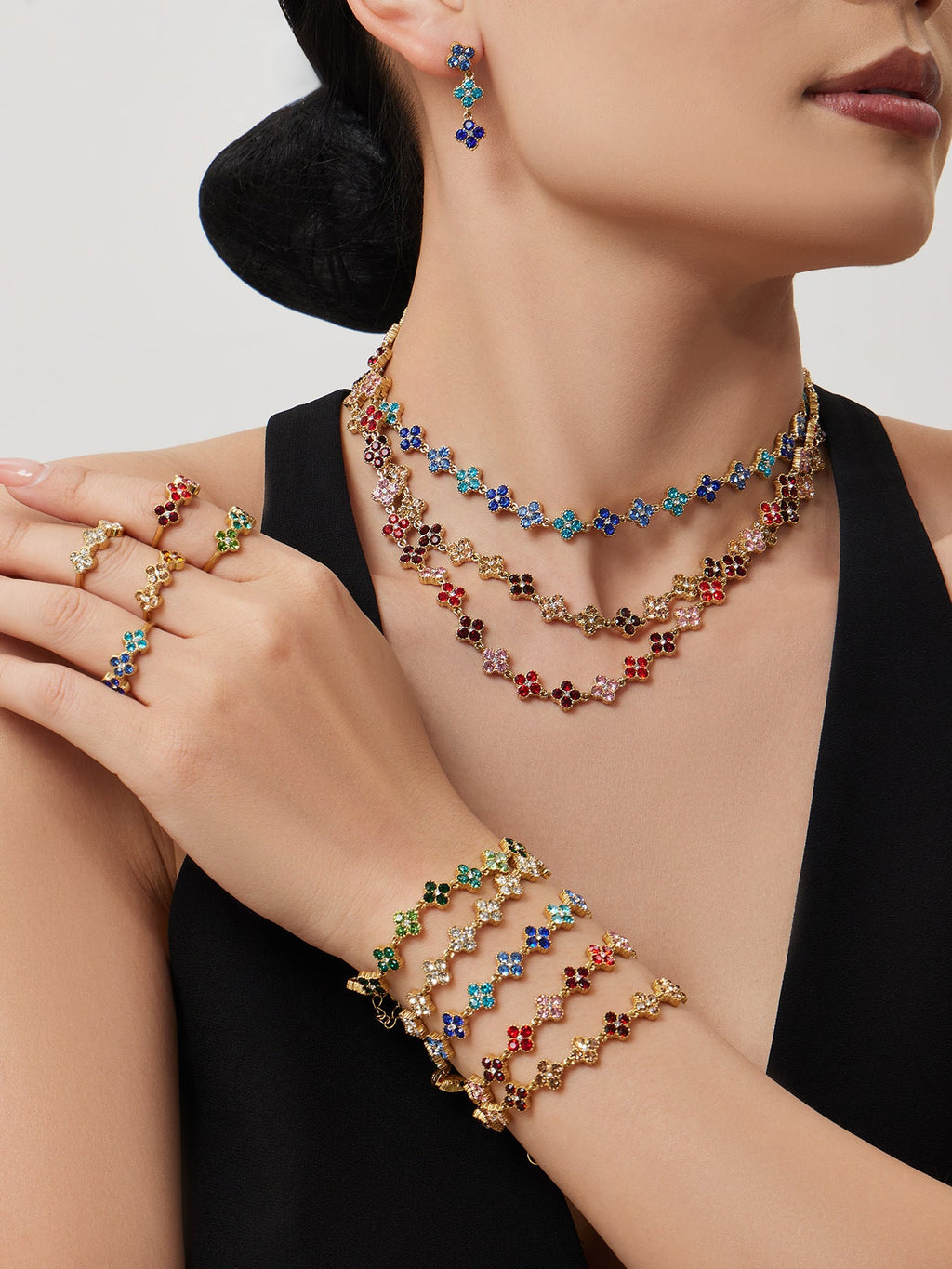 Dopamine Sparkling Four - Petal Flower Zirconia Bracelet, Earrings, Ring, Necklace - Lunaire Jewelry