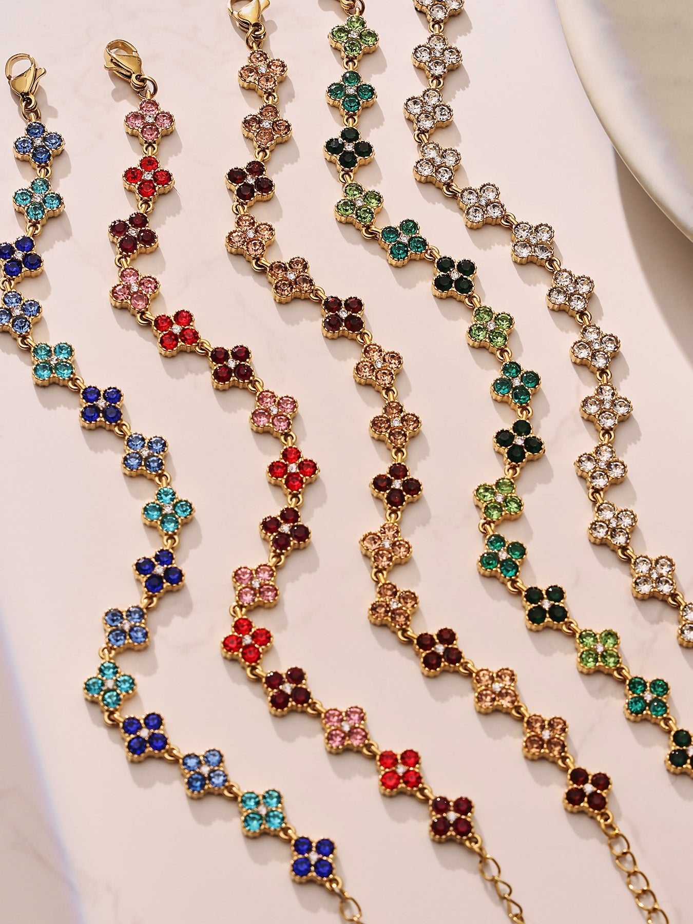 Dopamine Sparkling Four - Petal Flower Zirconia Bracelet, Earrings, Ring, Necklace - Lunaire Jewelry