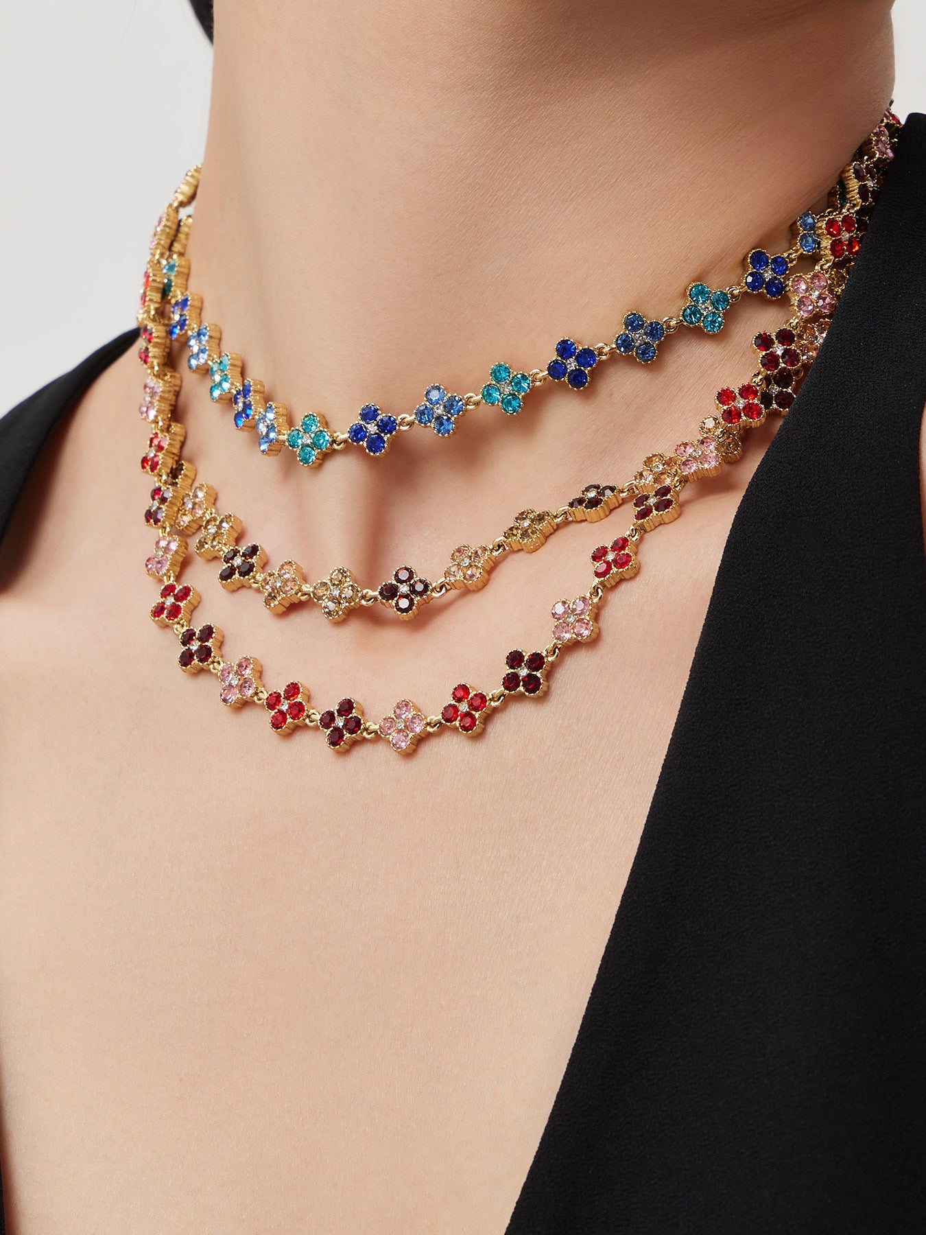 Dopamine Sparkling Four - Petal Flower Zirconia Bracelet, Earrings, Ring, Necklace - Lunaire Jewelry