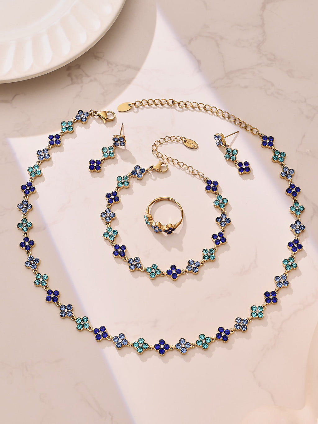 Dopamine Sparkling Four - Petal Flower Zirconia Bracelet, Earrings, Ring, Necklace - Lunaire Jewelry