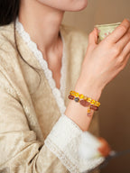 Golden Citrine & Strawberry Quartz Wealth Pixiu Bracelet Set - Lunaire Jewelry