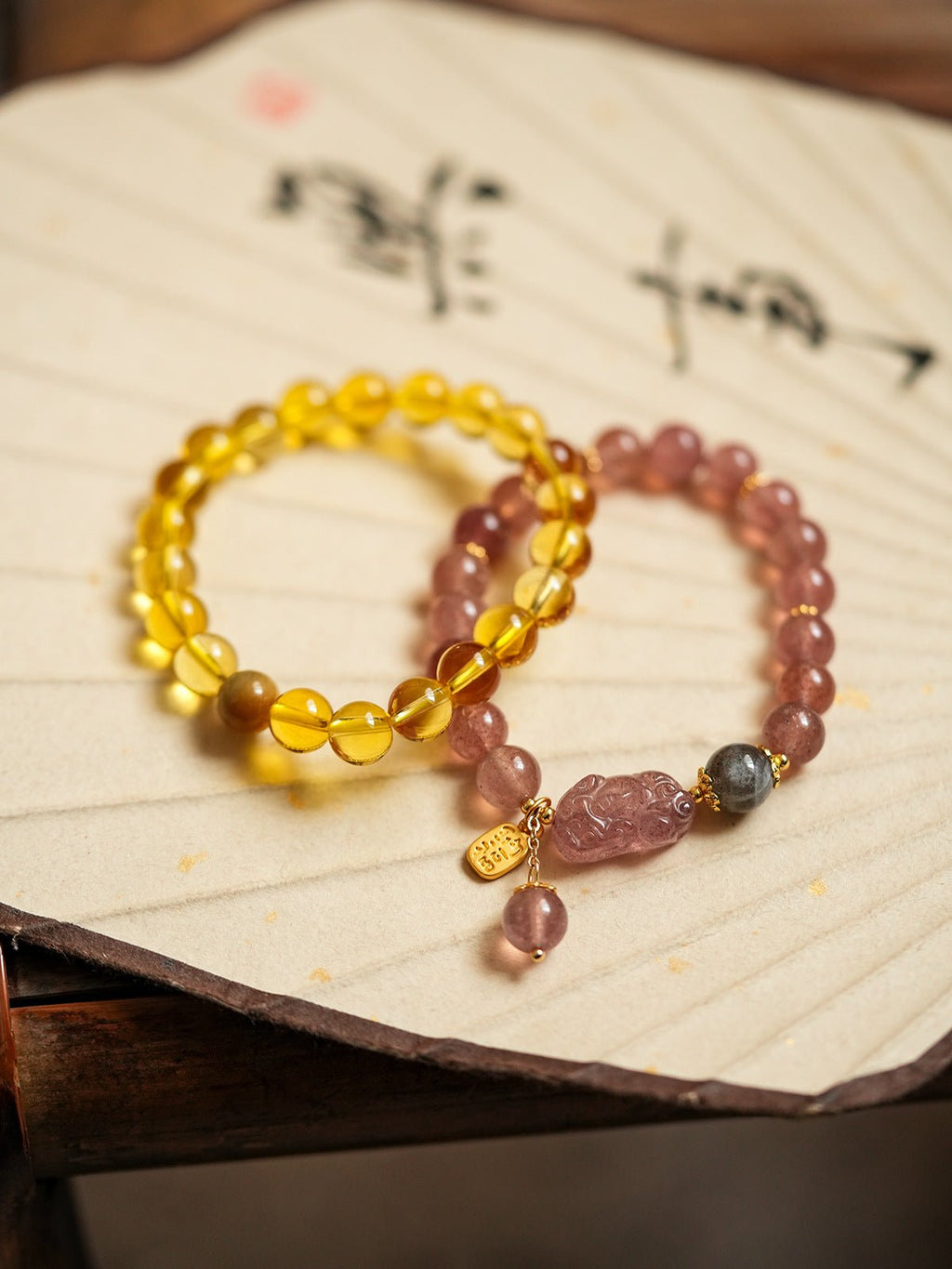 Golden Citrine & Strawberry Quartz Wealth Pixiu Bracelet Set - Lunaire Jewelry