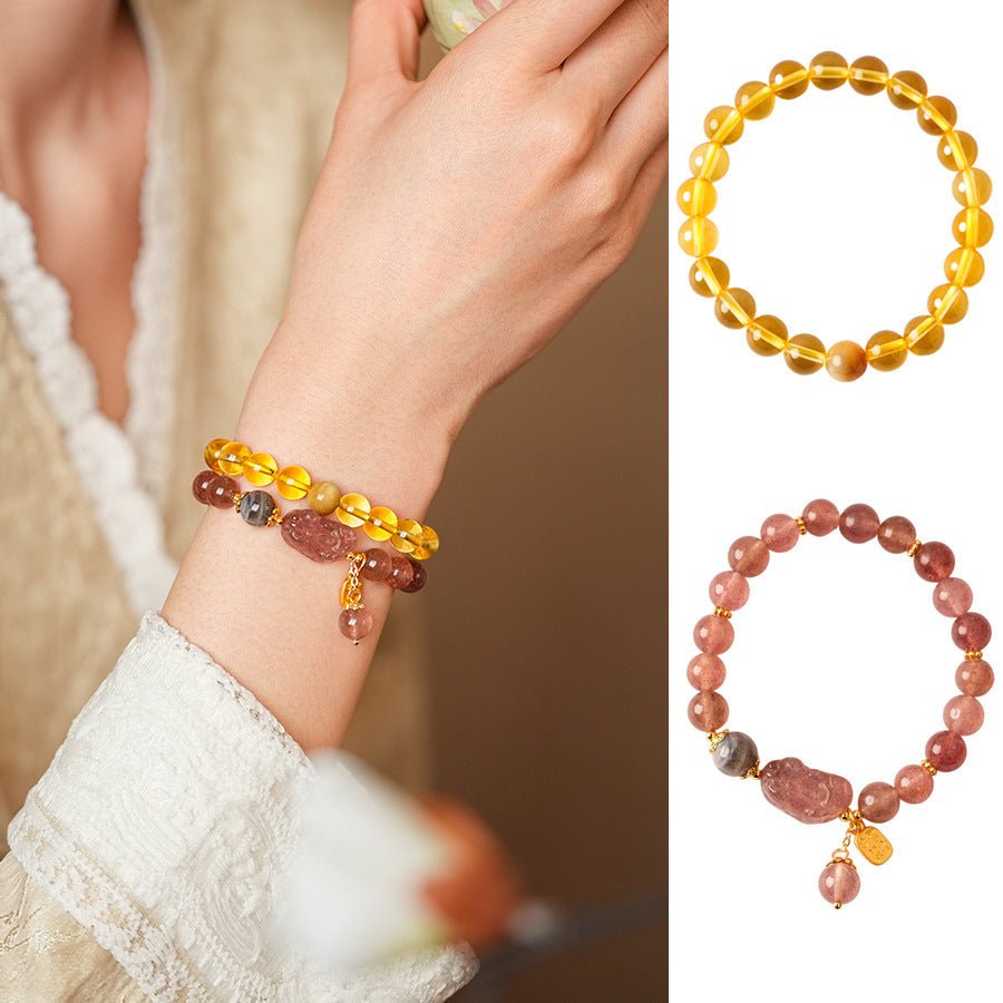 Golden Citrine & Strawberry Quartz Wealth Pixiu Bracelet Set - Lunaire Jewelry