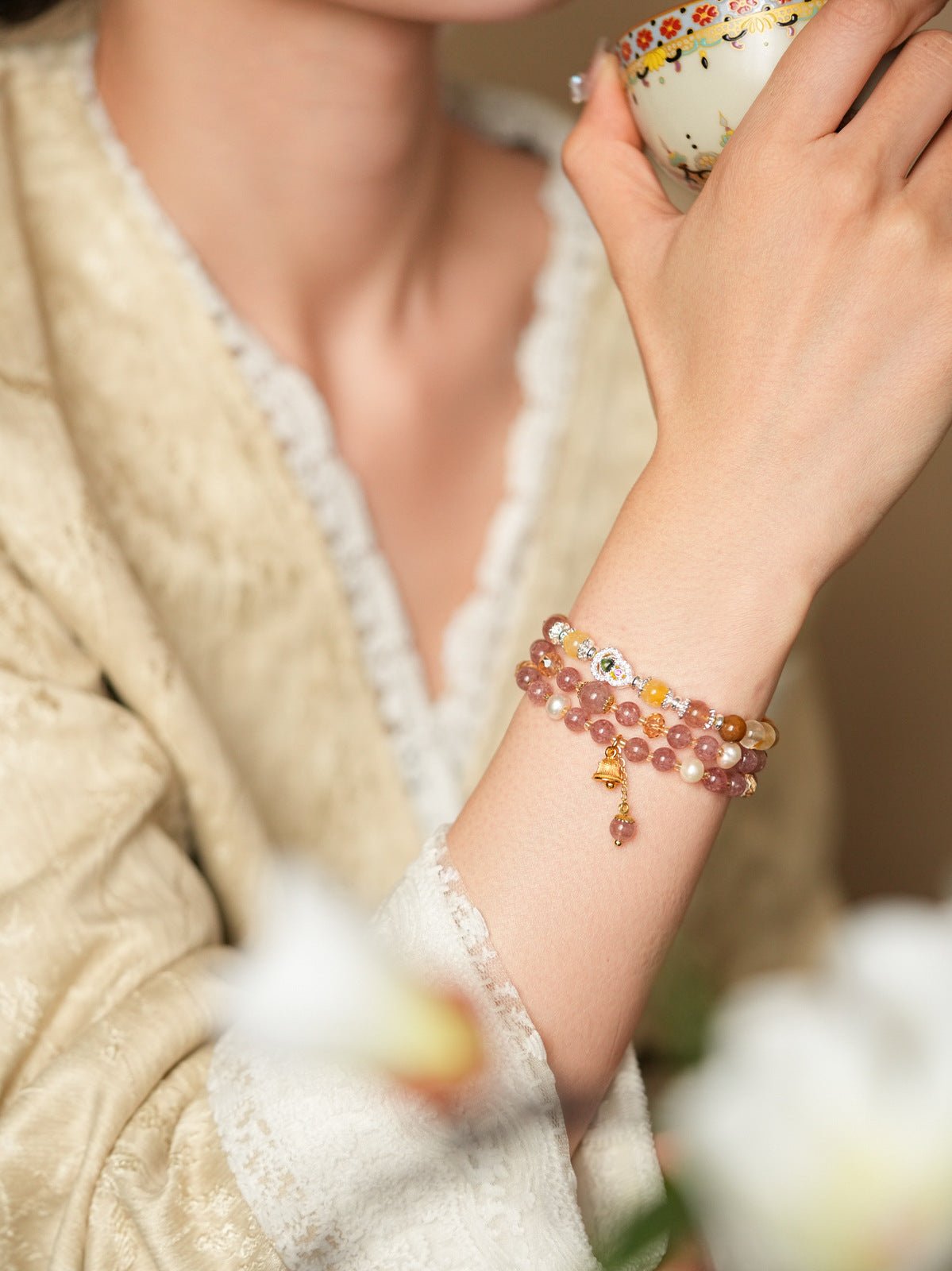 Golden Harvest Topaz & Strawberry Quartz Bracelet Set - Lunaire Jewelry