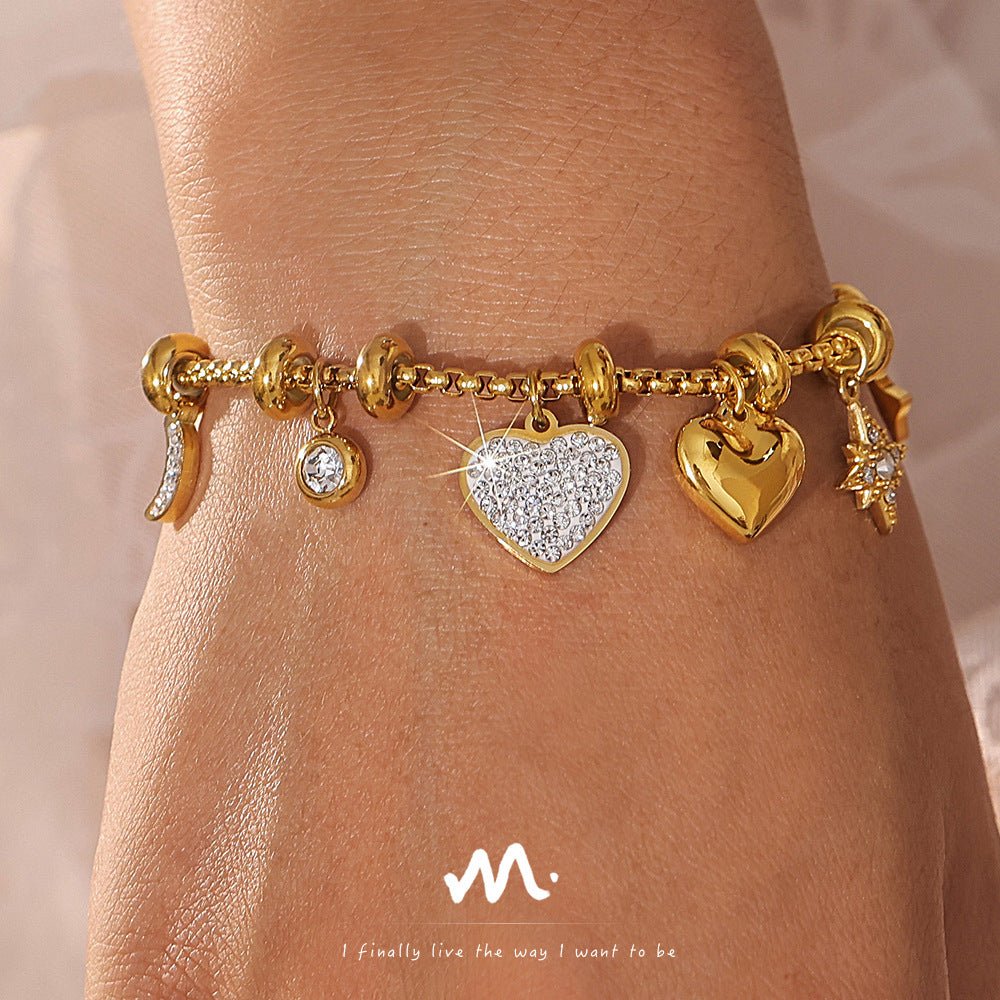 Heart - shaped diamond - encrusted bracelet in titanium steel plated with 18k gold - Lunaire Jewelry