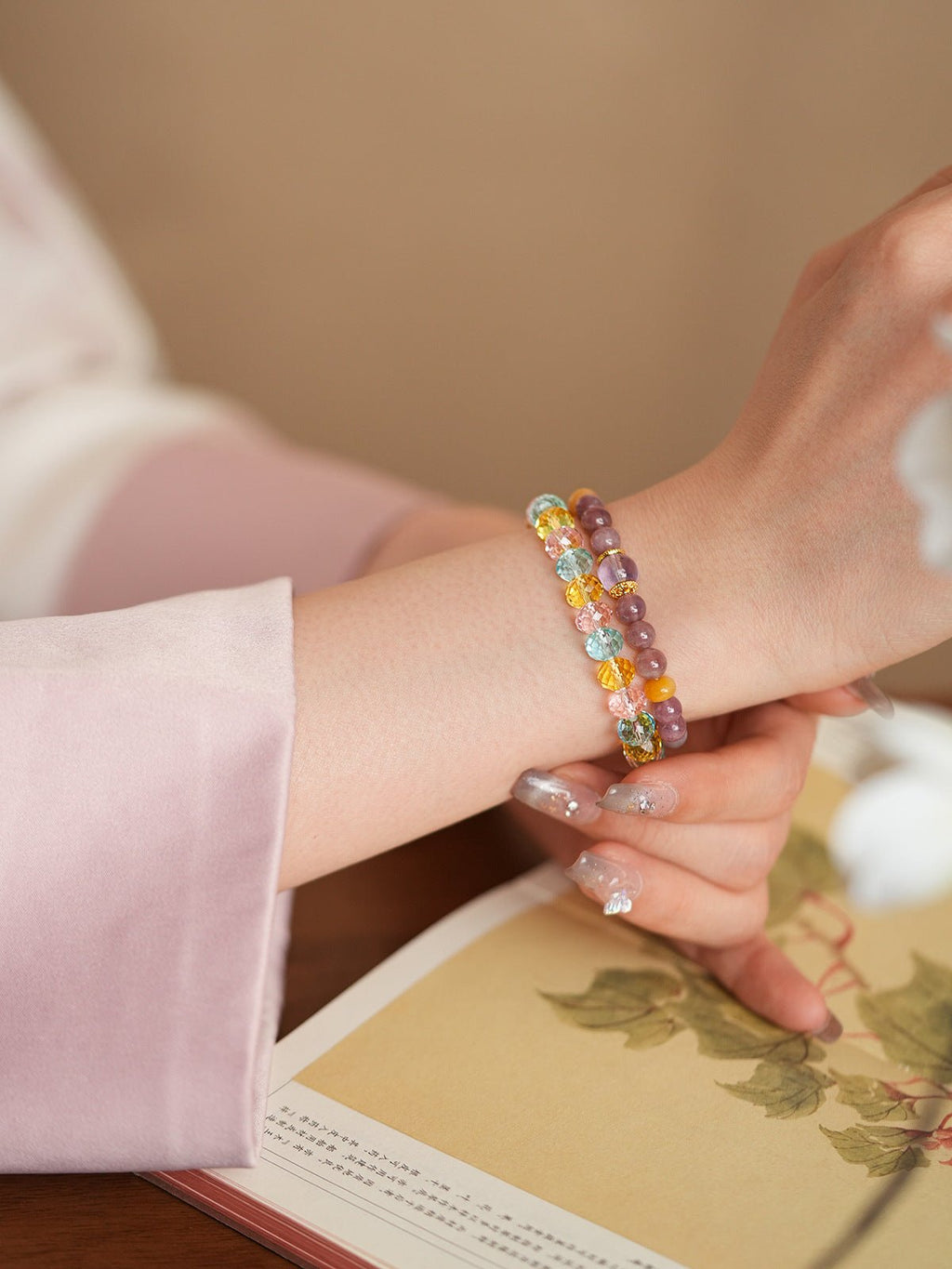 Pastel Harmony Natural Stone & Glass Crystal Bracelet Set - Lunaire Jewelry