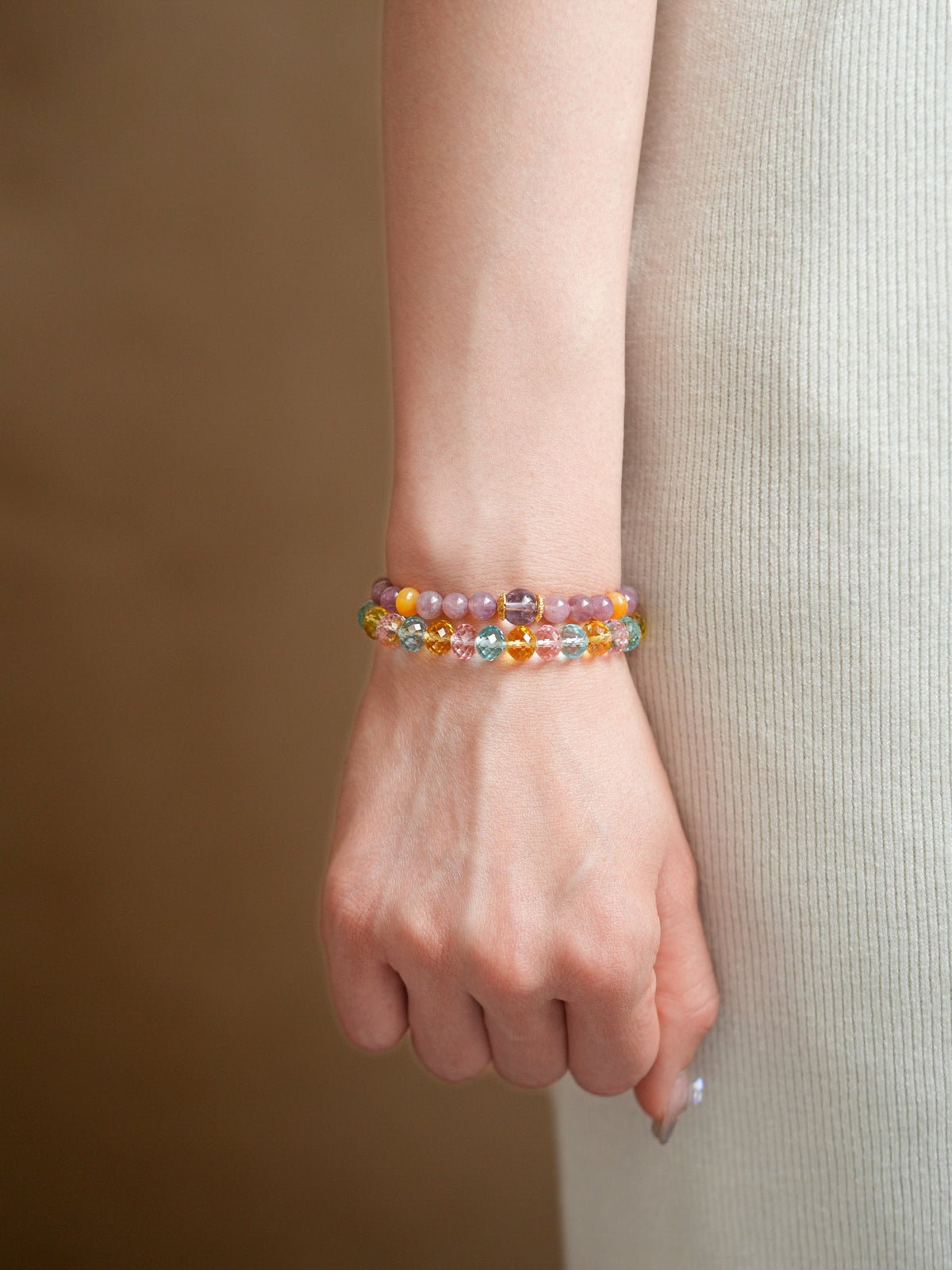 Pastel Harmony Natural Stone & Glass Crystal Bracelet Set - Lunaire Jewelry