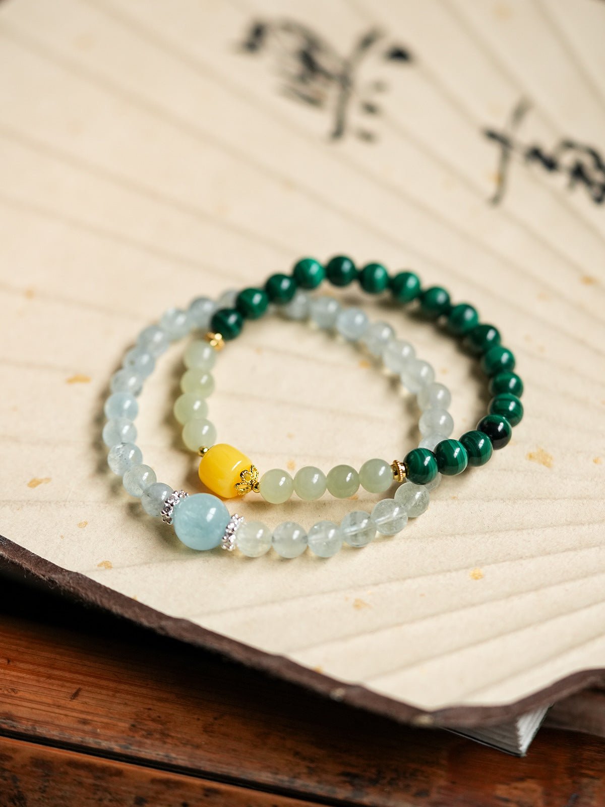 Serene Harmony Malachite, Jade & Aquamarine Crystal Bracelet Set - Lunaire Jewelry