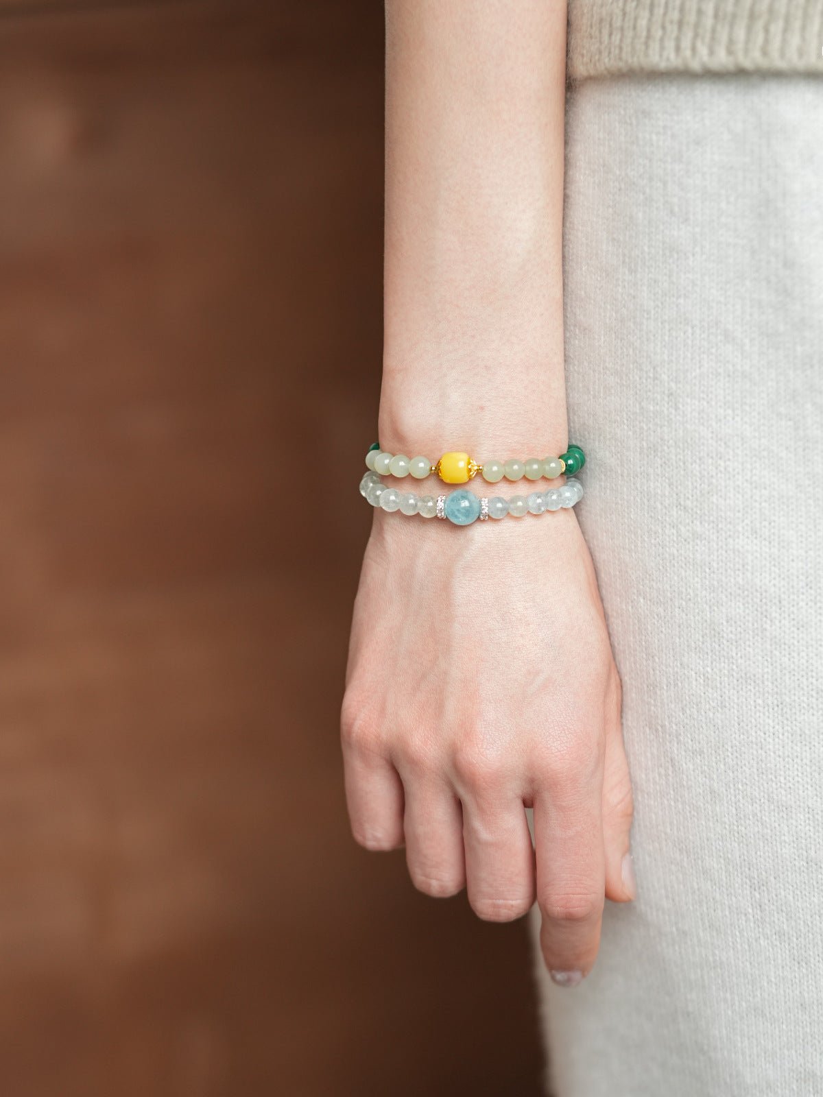 Serene Harmony Malachite, Jade & Aquamarine Crystal Bracelet Set - Lunaire Jewelry