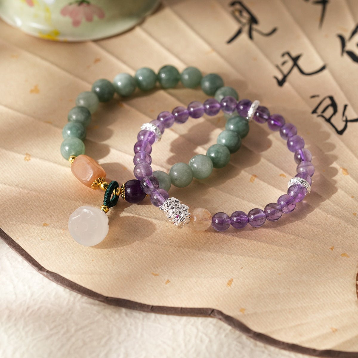 Serene Lotus Chalcedony & Amethyst Bracelet Set - Lunaire Jewelry