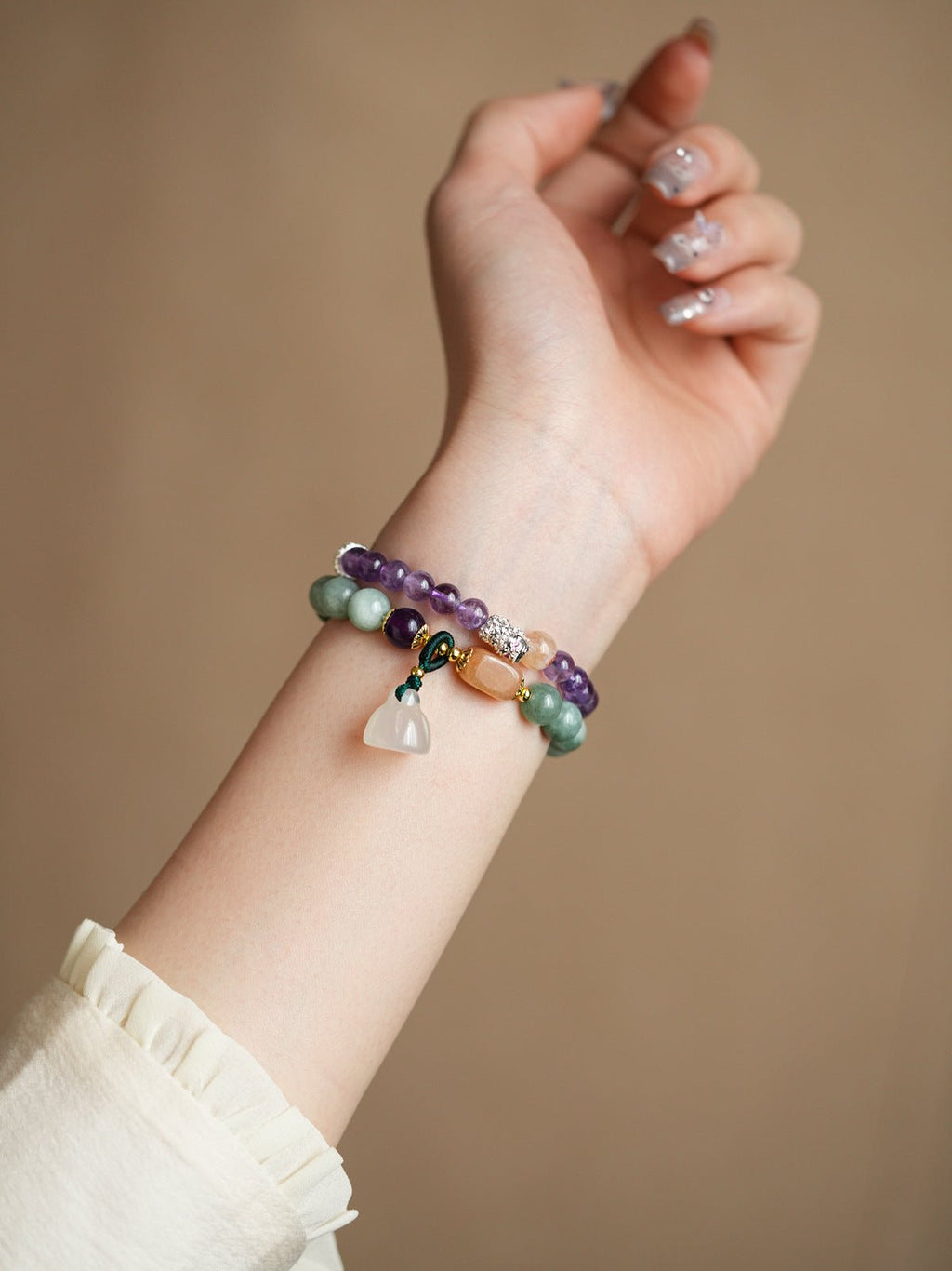 Serene Lotus Chalcedony & Amethyst Bracelet Set - Lunaire Jewelry