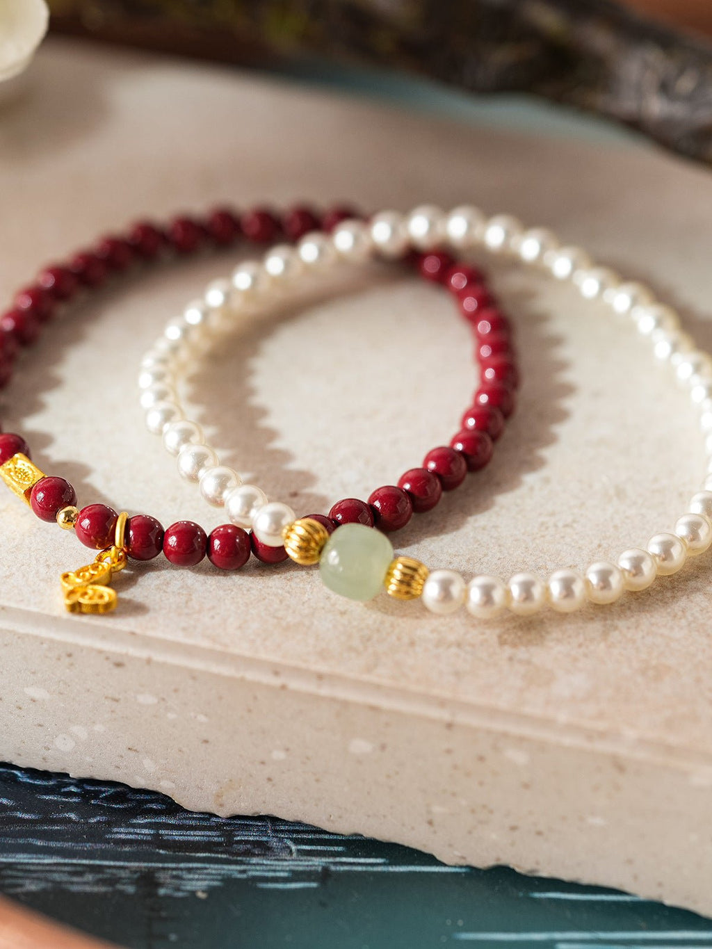 Serene Pearl & Cinnabar Bracelet Set with Jade Charm - Lunaire Jewelry